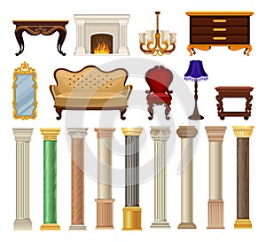 Classic Vintage Furniture Item with Sofa, Fireplace, Mirror, Table, Chair and Column Pillar Big Vector Set