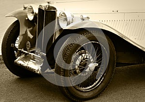 Classic vintage MG automobile in sepia tone