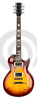 Classic vintage shape hard rock electric string guitar with mapple red yellow dark brown sunburst finish isolated  white