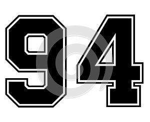 94 Classic Vintage Sport Jersey Number in black number on white background for american football, baseball or basketball