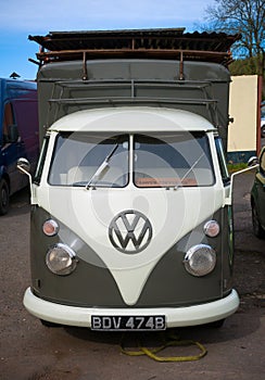 Classic vintage Volkswagen Transporter camper van, Devon, UK, April 2, 2018