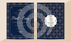Classic vintage wedding invitation card with copper color border and frame on dark navy blue background