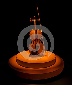 Classic viola with bow on round pedestal in spot light. Solo performance. 3d rendering