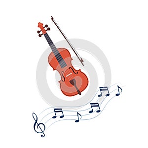 Classic violin with bow. Treble clef with notes on wavy lines. Concept of music and entertainment. Vector illustration