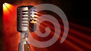 Classic vocal microphone rotating in stage lights