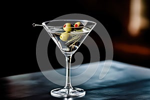 a classic Vodka Martini Gin cocktail served in a unique glass, garnished with plump olives.