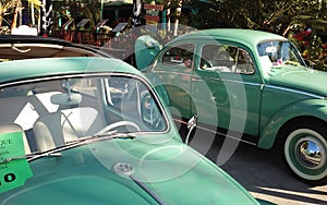 2 Classic Volkswagen Beetles Lined Up in Row Color Green