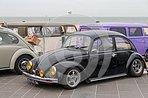 Classic VW beetles parked at VW aircooled car show at Scheveningen beach