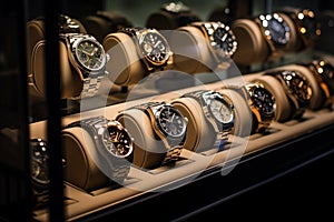 Classic watches elegantly showcased in glass display case. Generative AI