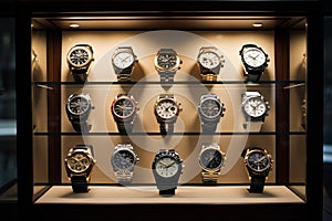 Classic watches elegantly showcased in glass display case. Generative AI