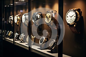Classic watches elegantly showcased in glass display case. Generative AI photo