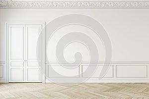 Classic white empty interior with moldings and door.