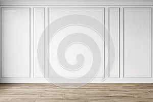 Classic white empty interior with wall panels, moldings and wooden floor.