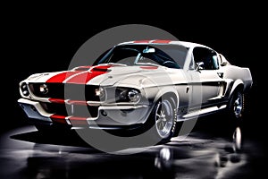 Classic White Ford Mustang Shelby With Red Stripes in Studio Setting