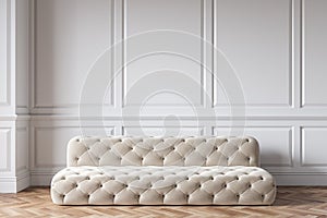 Classic white interior with capitone chester sofa, mouldings, wooden floor.