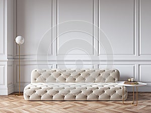 Classic white interior with capitone chester sofa, mouldings, wooden floor, floor lamp