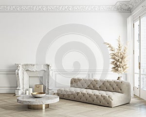 Classic white interior with sofa, fireplace and decor.