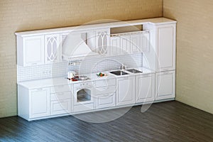 Classic White Kitchen Cabinet With Parquet Floor