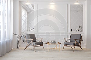 Classic white modern interior empty room with lounge armchairs