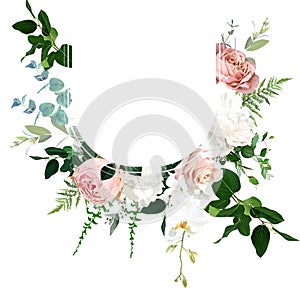 Classic white peony, hydrangea, pink rose and orchid flowers, eucalyptus, fern, salal, greenery vector