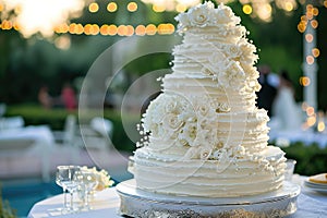 Classic White Rose Wedding Cake in Elegant Venue