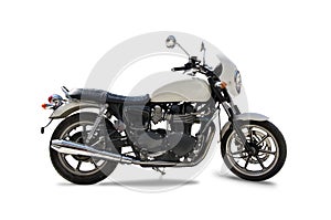 Classic white Triumph Bonneville motorcycle isolated on white.