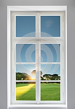 Classic white window and the forest view