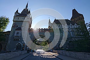 Classic wide-angle view of main gate in Vajdahunyad Castle. The text on the gate: Hungarian Museum of Agriculture.