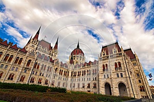 Classic wide-angle view medieval building of Parliament in Budapest. It is one of europe`s oldest legislative buildings