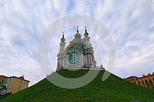 Classic wide-angle view of the Saint Andrew`s Church. Iconic landmark for locals and tourists. Scenic morning landscape view