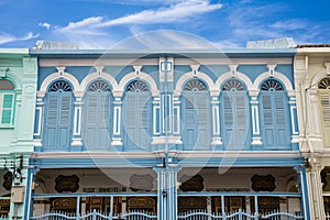 Classic windows Sino-Portuguese style architecture at Phuket Thailand