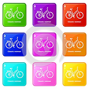 Classic women bike icons set 9 color collection