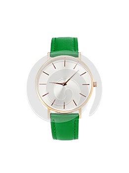 Classic women gold watch white dial, red leather strap isolate white background
