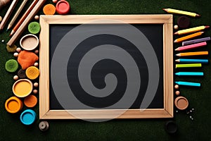 Classic wooden background complements the encircled school supplies frame