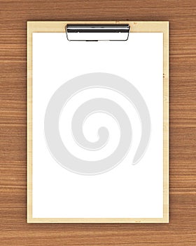 Classic wooden clipboard with blank white paper on the wooden ba