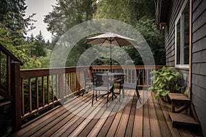 classic wooden deck with bistro table and chairs is a comfortable place to unwind after a long day