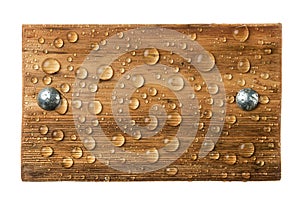 Classic wooden frame with iron rivets in drops of rainwater, on a white background