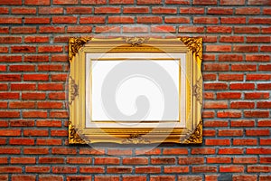 Classic wooden frame on red brick wall background.