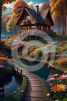 A classic wooden house in autumn stunning forest with lake, flowers, tree, footpath, dreamlike, design, fantasy art