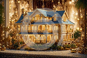 Classic wooden Illuminated dollhouse creates a festive atmosphere. Detailed environment. Interior design. Generative AI