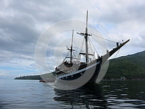 A classic wooden Indonesian boat for diving safaris.