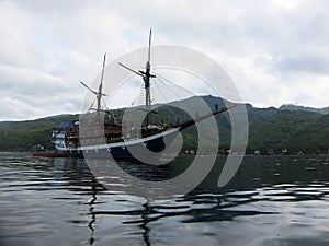 A classic wooden Indonesian boat for diving safaris.