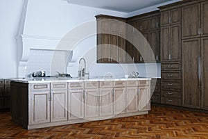 Classic wooden kitchen aid and white interior with wooden parquet 3D render