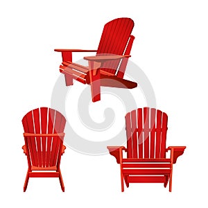 Classic wooden outdoor chair painted in red color. Garden furniture set in adirondack style photo