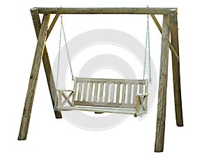 Classic wooden outdoor hanging swing bench furniture isolated on white background