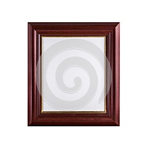 Classic wooden picture frame with blank canvas isolated on white