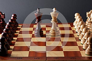 Classic Wooden Tournament chess set on black background. Two kings in centre of board other pieces lined up