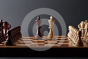 Classic Wooden Tournament chess set on black background. Two kings in centre of board other pieces lined up