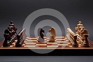 Classic Wooden Tournament chess set on black background. Two knights centre of board other pieces lined up