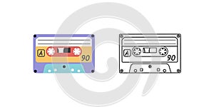 Classic y2k, 90s and 2000s aesthetic. Flat and outline style audio cassette, vintage element. Hand-drawn vector illustration.